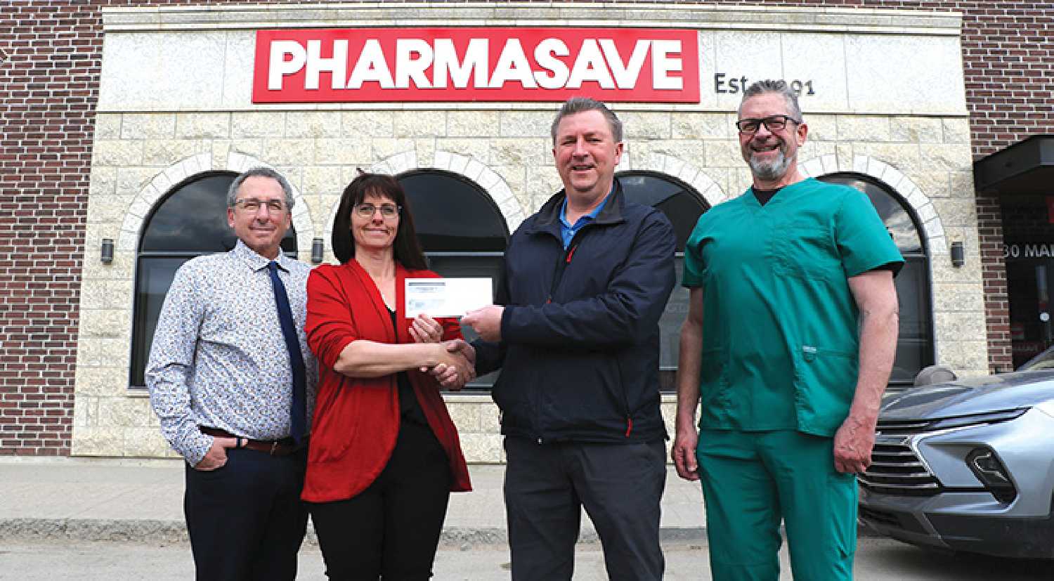 Darcy Rambold of Moosomin Pharmasave is donating $100,000 to the Moosomin Airport Expansion project. From left are Jeff St. Onge of the Airport Fundraising Committee, RM of Moosomin CAO Kendra Lawrence, Darcy Rambold of Moosomin Pharmasave, and Dr. Van of the Airport Fundraising Committee.